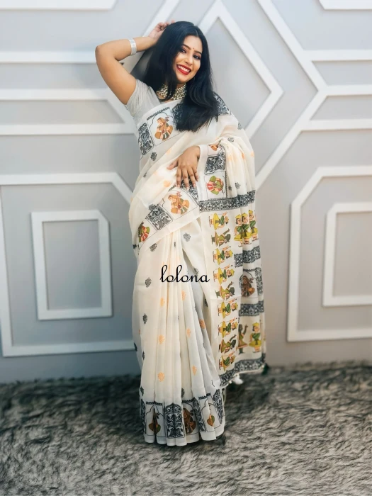 Semi Moslin Silk saree  TS-5018 (white putul)