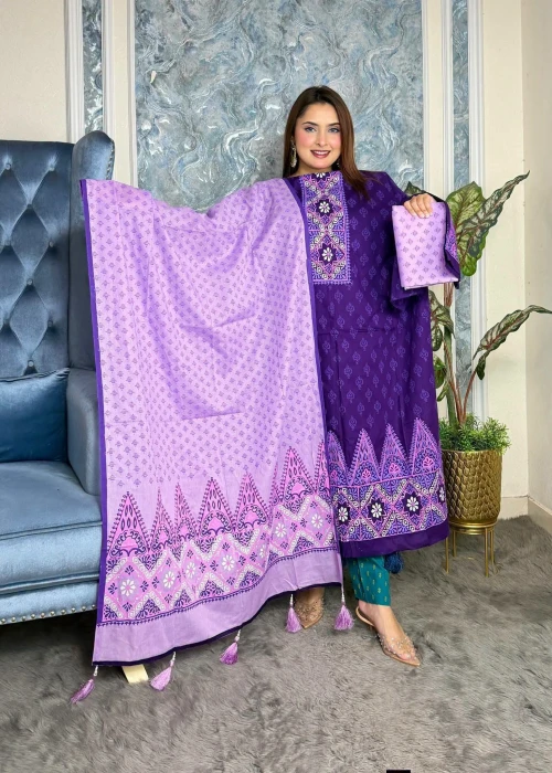 Primium Cotton unstiched Block Print Three pcs-BT-1009