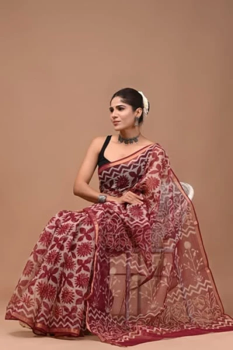Traditional Block Design Digital Print Kota Doria Cotton Saree - Maroon Color | P0382