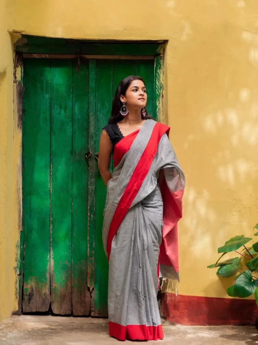 অ্যাশ রেড প্রিমিয়াম কটন শাড়ি--SC-4266